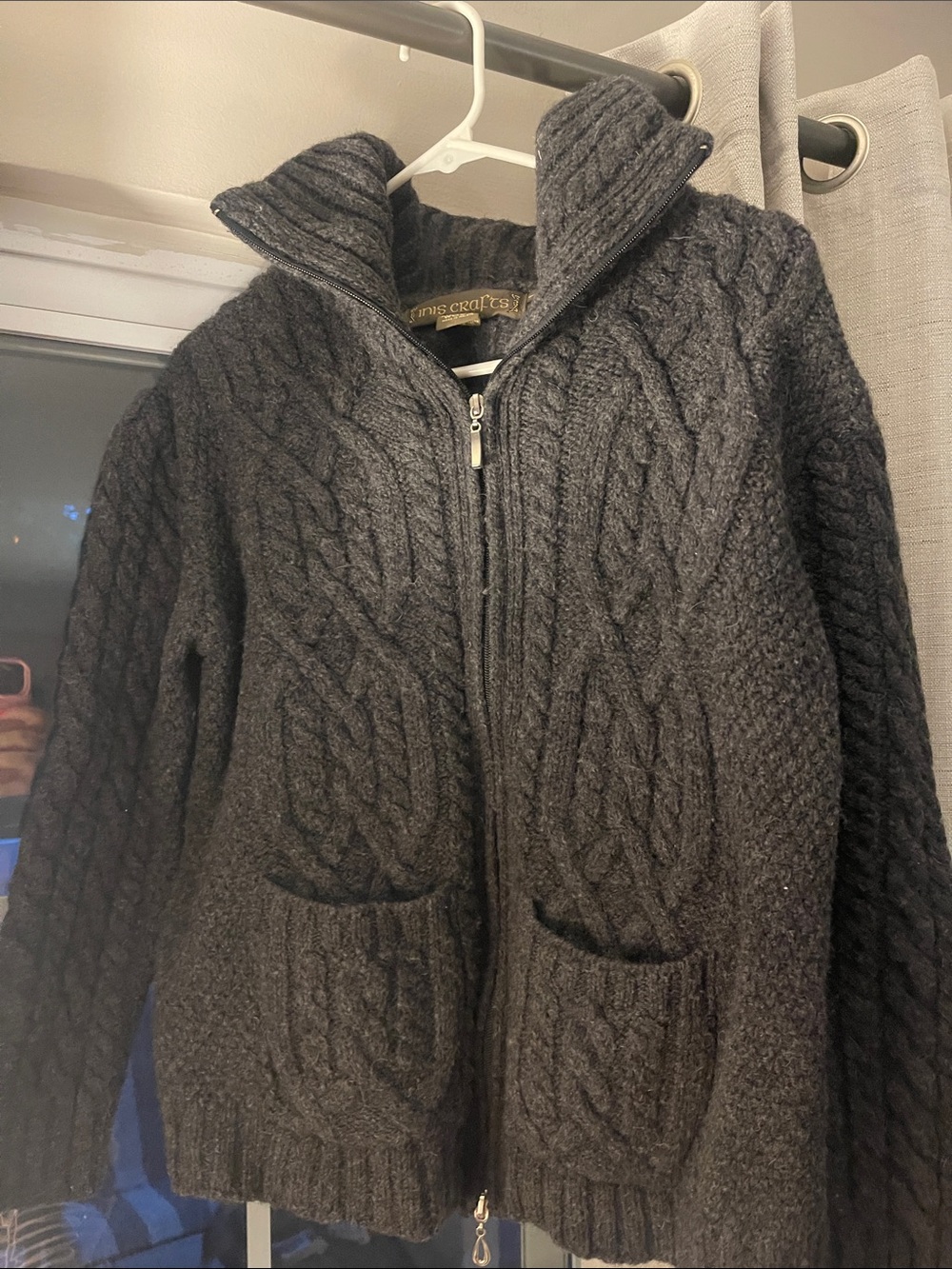 Inis Crafts 100% Merino Wool Dark Gray Cable Knit Zip Cardigan